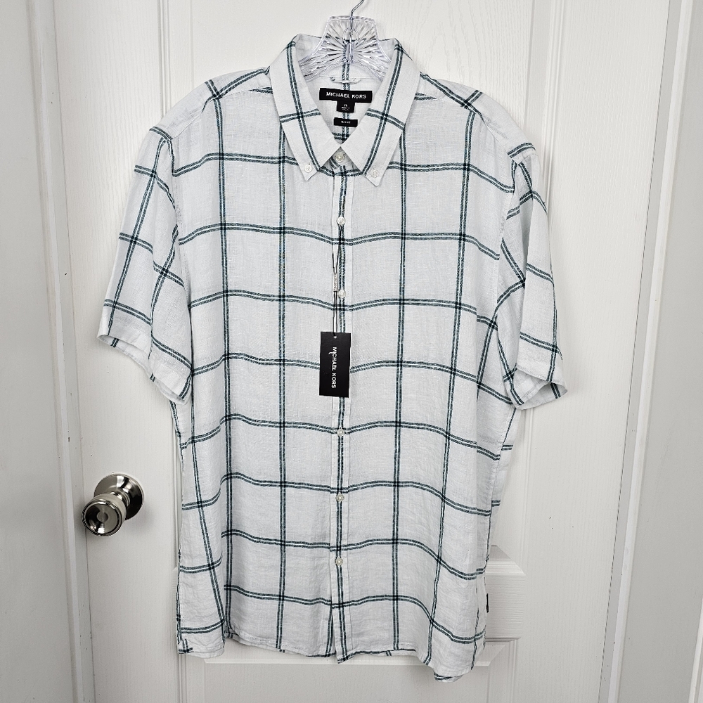Michael Kors 100% Linen Button Down Shirt XL Slim Fit Green Plaid NWT